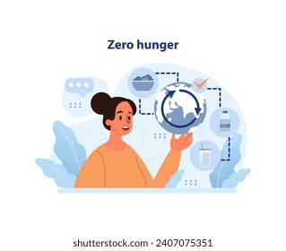 Hambre cero. Objetivos de desarrollo sostenible o de desarrollo sostenible. Objetivo mundial para un futuro mejor. Los derechos humanos y el progreso social. Seguridad alimentaria y mejora de la nutrición. Ilustración vectorial plana