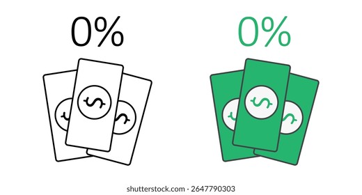 Ícone BNPL de juros zero com símbolo de porcentagem e gráfico de dinheiro, ideal para finanças, pagamento e comprar agora pagar promoções posteriores.