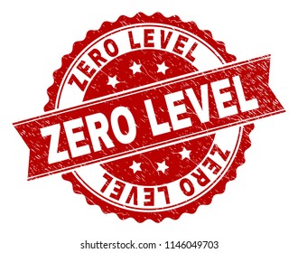 ZERO LEVEL seal stamp with corroded texture. Rubber seal imitation has circle medal shape and contains ribbon. Red vector rubber print of ZERO LEVEL title with corroded texture.