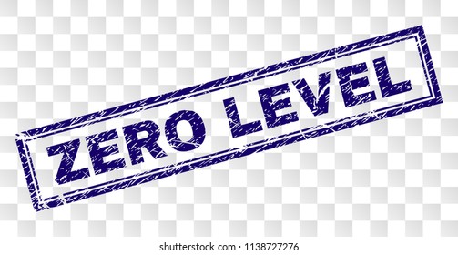 ZERO LEVEL stamp seal print with rubber print style and double framed rectangle shape. Stamp is placed on a transparent background. Blue vector rubber print of ZERO LEVEL title with dirty texture.