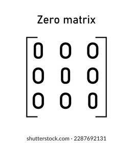 Zero matrix. Types of matrices in mathematics. Vector illustration isolated on black background.