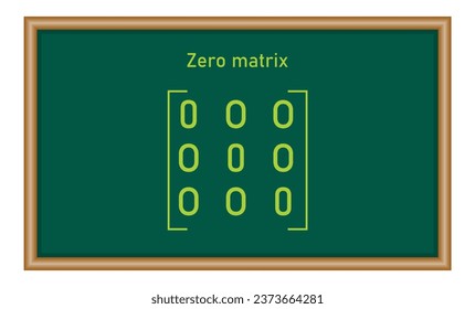 Zero matrix. Types of matrices in mathematics. Vector illustration isolated on chalkboard.