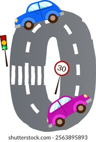 Zero Number With Road And Cars For Children Vector Illustration