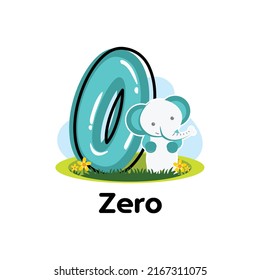 Zero number typography design with wild animal clipart in vector illustration. Using kids mathematic page, counting number 0 cartoon design with new style.