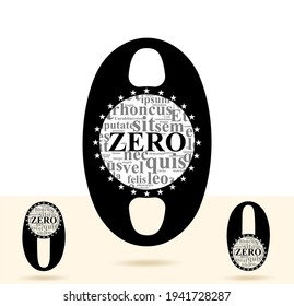 Null; Zahl und Wortlogo für die Zahl. Null-Buchstaben mit Null-Zeichen Logo-Design. Nummernnamen Typografie. Serielles Schriftdesign mit Wortwolke im Sternrahmen. Text-Logo-Studien für alle Zahlen.