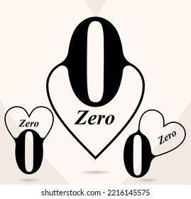 Zero; numeral and word logo for number. Zero letter with zero figure inner heart shaped logo design. Number names typography design. Serif font design. Text logo studies for all numbers.