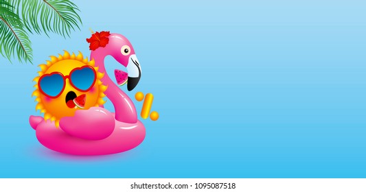 Zero percent or 0% design of sun on flamingo inflatable with watermelon ice cream and tropical leaves on blue background minimal summer vector illustration