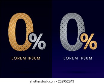 Zero percent, 0% ,Number, Luxury font, designed using gold and silver line  on dark background, idea from wicker,basket , ribbons, jewelry, logo, symbol, icon, graphic, vector.