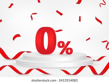 Cero por ciento o 0% en el podio de fase con cinta de opciones y confetti. 0% descuento por venta o comisión. Ilustración vectorial.