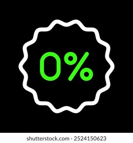 Zero percent, 0% tag, badge, sticker, label vector icon in line style design for website, app, UI, isolated on black background. Editable stroke. EPS 10 vector illustration.