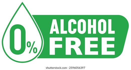 Zero percent alcohol formulation label with isolated background, green teardrop containing "0%", white color words 'ALCOHOL FREE' set against green background.