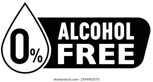 Zero percent alcohol free, black and white symbol with text and water drop encapsulating "0%", vector graphic product label with isolated background, indicates the absence of alcoholic content.