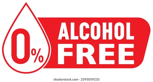 Zero percent alcohol, message with stylized droplet and bold text. Red and white graphic design creates striking contrast, emphasizing the alcohol-free aspect.