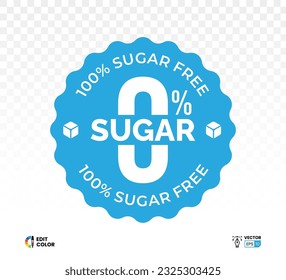 Zero percent blue circle sugar vector label design isolated on white. Minimalist design for food and drink packaging icon, sign, sticker, seal, stamp
