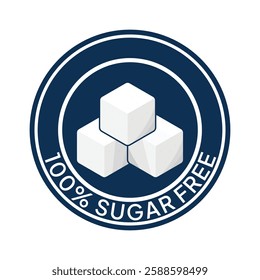 Zero percent blue circle sugar vector label design isolated on white. Minimalist design for food and drink packaging icon, sign, sticker, seal, stamp 100 percent sugar free