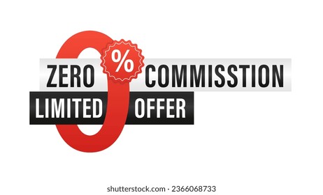 Zero percent commission banner template - 0% in cartoon decoration with tag and place for sample text - isolated vector promo poster or web element. Vector illustration