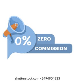 zero percent commission concept for promotion. Zero percent commission banner. Special offer badge without commission for promotion. discount coupon or gift voucher. Flat illustration on background