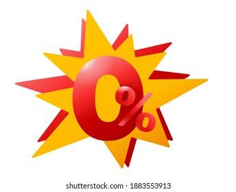 Zero percent commission red number with yellow burst shape - vector promo poster element