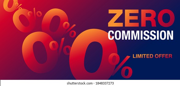 Zero percent commission wide banner  - 0 and percent symbols on red and purple colorful abstract background - vector promo poster element