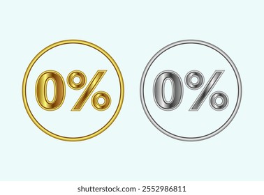 Zero percent icon, 0 percent sign symbol in gold and silver color