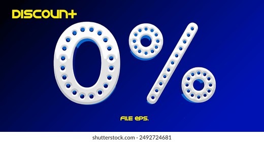 Zero percent number for 0% discount. 3D font with white over blue with perforation pattern around the letters. gradient dark blue background