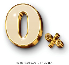 Zero percent number, golden yellow, 3d render, decorated with flare lights. white background