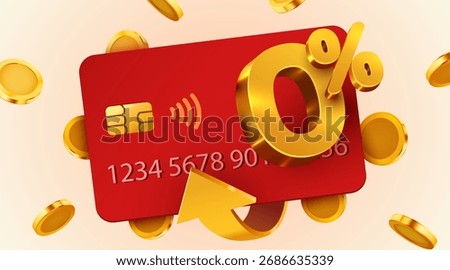 Zero Percent Offer on Credit Card, with golden 0 symbol and falling coins for financial promotions. Vector illustration.