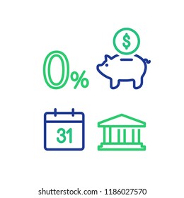 Zero percent sign, financial calendar line icon, monthly payment outline, annual income, piggy bank saving account, money return, asset allocation, long term investment pension fund, superannuation