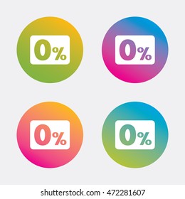 Zero percent sign icon. Zero credit symbol. Best offer. Gradient flat buttons with icon. Modern design. Vector