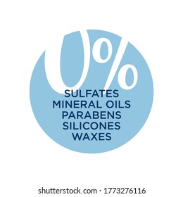 Zero percent sulfates, waxes, mineral oils, parabens, silicones. Curly Girl Method (CGM) approved product symbol. Blue icon for hair products.