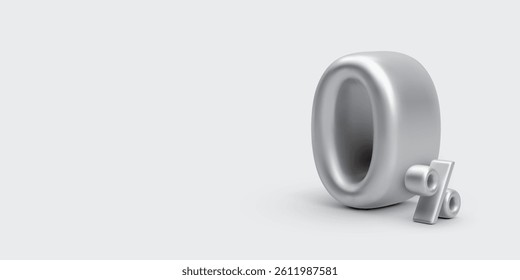 Zero Percent Symbol in Shiny Metallic 3D Style. Minimalist Financial Discount or Interest Concept on Light Background. Sleek and Modern Design Element. Vector Illustration.