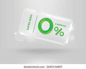 Crédito de porcentagem zero e compras online de cupom de desconto. Etiqueta de transparência, faixa com porcentagem rosa isolada. renderização 3d.