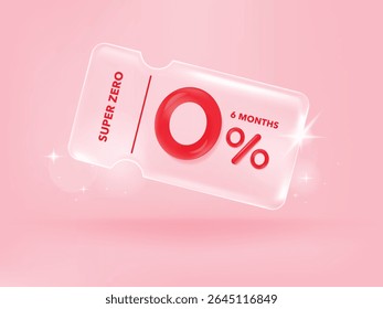 Crédito de porcentagem zero e compras online de cupom de desconto. Etiqueta de transparência, faixa com porcentagem rosa isolada. renderização 3d.