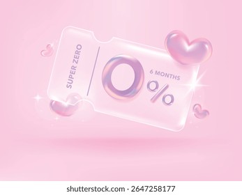 Crédito de porcentagem zero e compras online de cupom de desconto. Etiqueta de Transparência, banner com 3d holográfico Porcentagem isolada. renderização 3d.