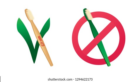 Zero plastic logo. Plastic and wooden toothbrushes. Ecological clean products. Bamboo is a unique tree for eco accessories. Prohibition sign, permission sign.1