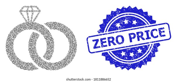 Zero Price scratched stamp seal and vector recursive mosaic diamond wedding rings. Blue seal includes Zero Price caption inside rosette.