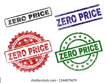 ZERO PRICE seal prints with damaged surface. Black, green,red,blue vector rubber prints of ZERO PRICE caption with grunge surface. Rubber seals with circle, rectangle, medal shapes.