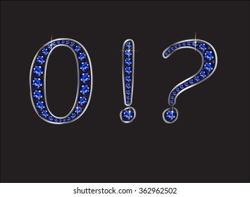 Zero, Question Mark and Exclamation Point in stunning ruby precious round jewels set into a 2-level gold gradient channel setting, isolated on black. Vector EPS-10 file, transparency used. 