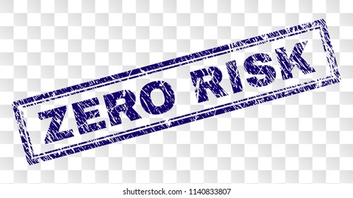 ZERO RISK stamp seal print with rubber print style and double framed rectangle shape. Stamp is placed on a transparent background. Blue vector rubber print of ZERO RISK text with unclean texture.