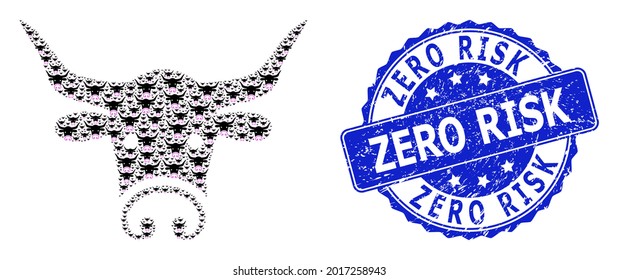 Zero Risk unclean round stamp seal and vector fractal collage bull head. Blue stamp seal has Zero Risk text inside round shape. Vector collage is formed from scattered bull head icons.