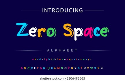 Zero Space Funky colorful cartoon font type. Vector alphabet