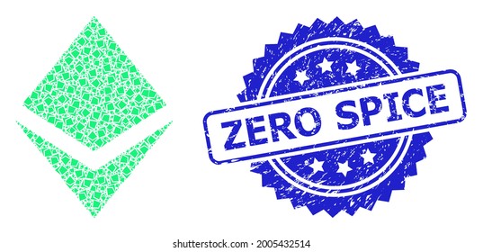 Impresión de focas sucias de especias cero y cristal de colaje fractal vector. El sello azul contiene la leyenda de las especias cero dentro de la roseta. El collage vectorial se forma con iconos de cristal rotados dispersos.