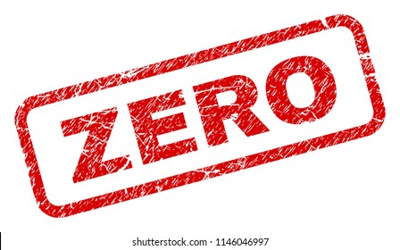 ZERO stamp seal watermark with grunge style. Red vector rubber print of ZERO text with grunge texture. Text caption is placed inside rounded rectangle frame.