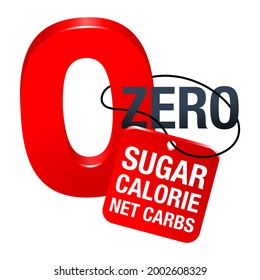 Zero Sugar, Calorie And Net Carbs 3D Sign For Diabetic Food Labeling. Isolated Vector Icon As 0 Number And Rope Tag