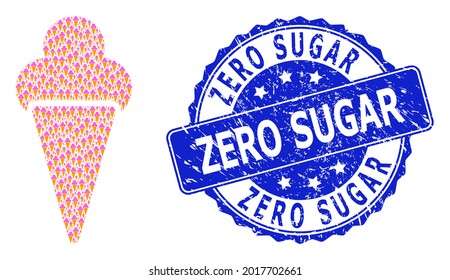 Zero Sugar dirty round seal print and vector fractal collage icecream. Blue seal includes Zero Sugar caption inside round shape. Vector collage is composed from recursive icecream pictograms.