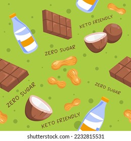Zero sugar and keto friendly sweets and desserts for dieting and healthy eating. Coconut and chocolate bar, peanut and milk. Seamless pattern or print, wallpaper background. Vector in flat style