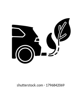 Zero tailpipe emissions black glyph icon. Eco friendly vehicle using biofuel. Environmentally safe transportation silhouette symbol on white space. Electric vehicle vector isolated illustration