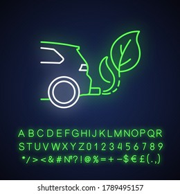 Zero tailpipe emissions neon light icon. Outer glowing effect. Eco friendly vehicle using biofuel. Sign with alphabet, numbers and symbols. Electric vehicle vector isolated RGB color illustration