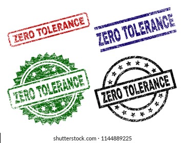 ZERO TOLERANCE seal prints with corroded texture. Black, green,red,blue vector rubber prints of ZERO TOLERANCE text with dirty texture. Rubber seals with circle, rectangle, medal shapes.