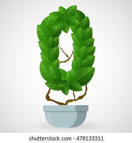 Cero. Árbol en la olla. Alfabetización vectorial hecha de hojas verdes.